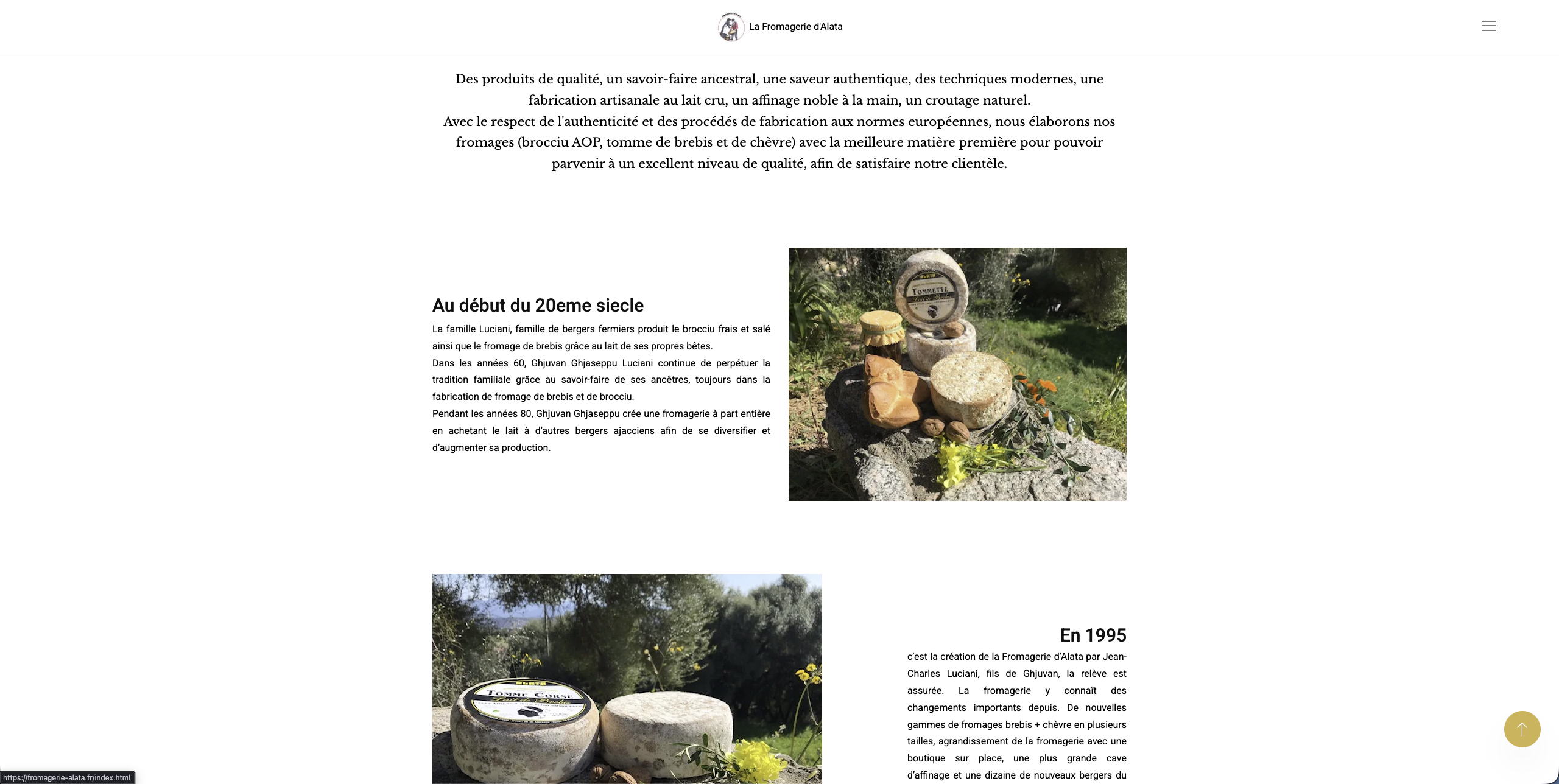 Page de présentation de la Fromagerie d’Alata et ses produits.